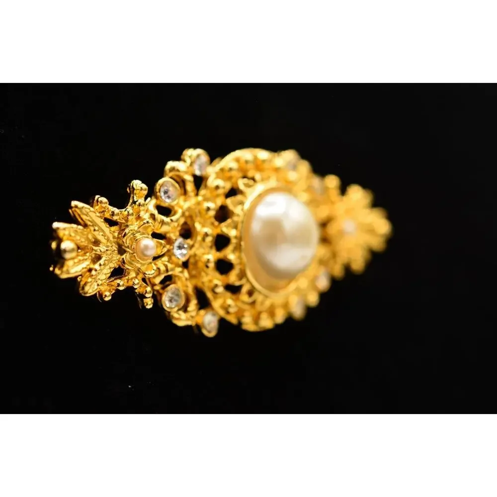 Vintage Pin Brooch Brushed Gold White Pearl Bar Rhinestone Crystal 1980s BinAL
